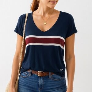 Hollister Womens Navy Blue Red White Stripe V Neck Easy Tee Shirt Size M Logo